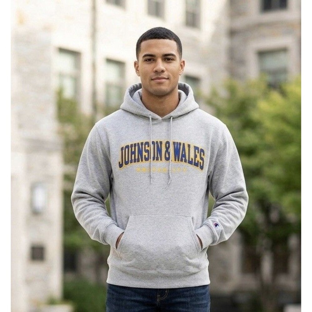 Champion XS Johnson & Wales University Hoodie Gray Spellout Pullover Sweatshirt